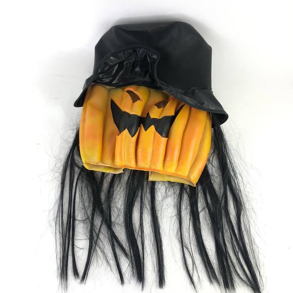 Paper Magic Group Halloween Mask VTG 1996 Pumpkin Horror Jack O Lantern Hat Hair - Picture 1 of 7